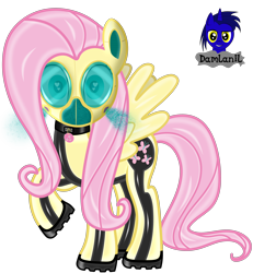Size: 3840x4154 | Tagged: safe, artist:damlanil, fluttershy, pegasus, pony, g4, boots, clothes, collar, commission, cutie mark collar, female, gas mask, heart, heart eyes, latex, looking at you, mare, mask, raised hoof, rubber, rubber drone, shiny, shiny mane, shoes, show accurate, simple background, solo, transformation, transparent background, vector, wingding eyes, wings