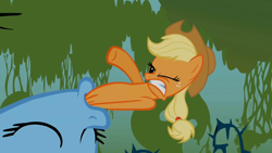 Size: 1920x1080 | Tagged: safe, screencap, applejack, rainbow dash, earth pony, pegasus, pony, bridle gossip, g4, appletini, context is for the weak, female, fetish fuel, in mouth, mare, micro, mouth, out of context, preddash, vore