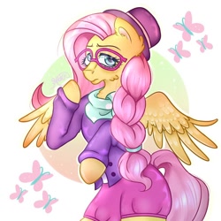 Size: 1080x1080 | Tagged: safe, artist:madness_tears_of_shokkito, fluttershy, butterfly, pegasus, semi-anthro, g4, alternate hairstyle, arm hooves, braid, clothes, female, glasses, hat, hipstershy, scarf, skirt, solo, speedpaint available