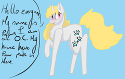 Size: 1024x643 | Tagged: safe, artist:pawstheartest, oc, oc only, pony, unicorn, blue background, chest fluff, female, horn, mare, paw prints, raised hoof, simple background, solo, talking, unicorn oc