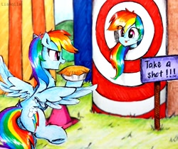 Size: 2783x2322 | Tagged: safe, artist:liaaqila, rainbow dash, human, pegasus, pony, equestria girls, g4, :p, butt, cute, female, food, high res, human ponidox, open mouth, pie, pie in the face, plot, self ponidox, smiling, tongue out, traditional art