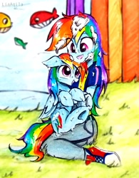 Size: 2322x2973 | Tagged: safe, artist:liaaqila, rainbow dash, human, pegasus, pony, equestria girls, g4, cute, dashabetes, dunk tank, female, floppy ears, folded wings, high res, holding a pony, hug, human ponidox, mare, open mouth, open smile, pie filling, self paradox, self ponidox, signature, sitting, smiling, traditional art, underhoof, wet, wings