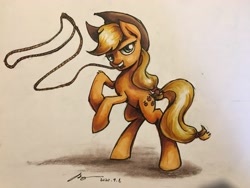 Size: 4032x3024 | Tagged: safe, artist:musical ray, applejack, earth pony, pony, g4, female, lasso, mare, mouth hold, rearing, rope, solo, standing, traditional art