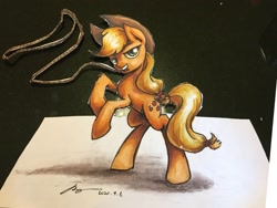 Size: 2048x1536 | Tagged: safe, artist:musical ray, applejack, earth pony, pony, g4, female, lasso, mare, mouth hold, rearing, rope, solo, standing, traditional art
