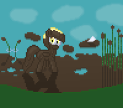 Size: 800x696 | Tagged: safe, artist:nitobit, derpibooru exclusive, derpy hooves, pegasus, pony, g4, cattails, cloud, covered in mud, female, letter, looking at you, mare, messy, mud, muddy, pixel art, reeds, reflection, shadow, solo, water
