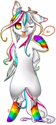 Size: 966x2160 | Tagged: safe, artist:ellis_sunset, oc, oc only, pegasus, pony, :p, bipedal, clothes, one eye closed, pegasus oc, rainbow socks, simple background, socks, solo, striped socks, talking, tongue out, white background, wings, wink