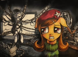 Size: 1280x935 | Tagged: safe, artist:musical ray, oc, oc only, oc:freshy peach, earth pony, ghost, pony, undead, clothes, fanfic, film, hat, horror, marker drawing, sweater, terror, traditional art