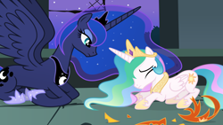 Size: 6334x3563 | Tagged: safe, artist:inaactive, princess celestia, princess luna, alicorn, pony, friendship is magic, g4, season 1, alternate universe, duo, eyes closed, female, frown, lidded eyes, lying down, mare, prone, role reversal, scared, scene interpretation, show accurate, size difference, spread wings, vector, wings