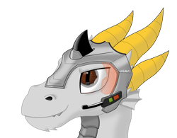 Size: 1280x996 | Tagged: safe, artist:zocidem, oc, oc only, oc:nugget, dragon, armor, augmented, bust, commission, headset, helmet, horns, portrait, simple background, solo, transparent background, visor
