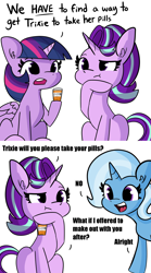 Size: 2250x4052 | Tagged: safe, artist:tjpones edits, edit, starlight glimmer, trixie, twilight sparkle, alicorn, pony, unicorn, g4, 2 panel comic, bottle, comic, dialogue, female, high res, hoof on chin, lesbian, mare, medicine, ship:startrix, shipping, simple background, sitting, this will end in kisses, trixie's pills, twilight sparkle (alicorn), white background