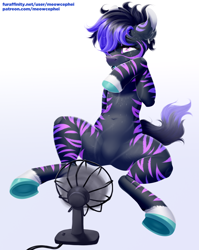 Size: 1500x1886 | Tagged: safe, artist:meowcephei, oc, oc only, pony, commission, electric fan, fan, hot, ponified, solo, stripes, sweat, ych result