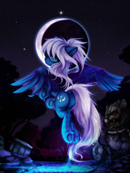 Size: 3000x4000 | Tagged: safe, artist:sinigam41, oc, oc only, oc:blazing harmony, pegasus, pony, butt, commission, crescent moon, eyepatch, female, flying, forest, frog (hoof), high res, long tail, looking at you, looking back, mare, moon, night, not night glider, plot, pond, solo, stars, tail, torn ear, underhoof, water, white hair, wings