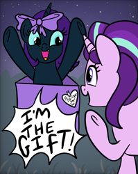 Size: 1536x1928 | Tagged: safe, artist:sjart117, starlight glimmer, oc, oc:nyx, alicorn, pony, ask nyx, g4, ask dust rock, ask nyx & starlight, duo, female, field, mare, night, permission given, present, that was unexpected