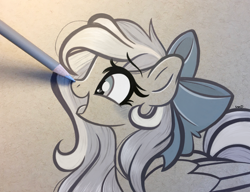 Size: 3206x2462 | Tagged: safe, artist:emberslament, oc, oc only, oc:bay breeze, pegasus, pony, blushing, boop, bow, colored pencil drawing, colored pencils, cute, female, hair bow, heart eyes, high res, mare, monochrome, ocbetes, pencil boop, photo, solo, traditional art, wingding eyes