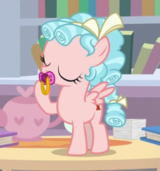 Size: 475x508 | Tagged: safe, alternate version, artist:small-brooke1998, edit, edited screencap, screencap, cozy glow, pegasus, pony, g4, what lies beneath, book, bookshelf, cropped, eyes closed, female, filly, pacifier, raised hoof, solo, teapot