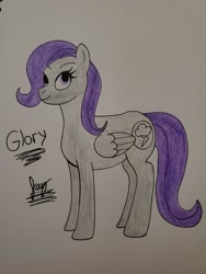 Size: 960x1280 | Tagged: safe, artist:jay_wackal, oc, oc only, oc:morning glory (project horizons), pegasus, pony, fallout equestria, fallout equestria: project horizons, g4, branded, colored pencil drawing, cute, dashite, dashite brand, fanfic art, female, looking up, mare, pegasus oc, simple, solo, traditional art