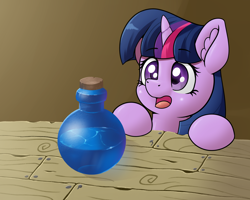 Size: 4000x3200 | Tagged: safe, artist:yelowcrom, twilight sparkle, pony, g4, cute, female, mare, potion, simple background, solo, surprised, twiabetes, wood
