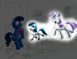 Size: 3300x2550 | Tagged: safe, artist:jac59col, night light, shining armor, twilight sparkle, twilight velvet, pony, unicorn, g4, angry, baby, baby pony, babylight sparkle, bloodshot eyes, broken vase, colt, colt shining armor, crylight sparkle, female, high res, male, mother and child, mother and son, mud, parenting, red eyes, wat, winnie the pooh, wip, younger