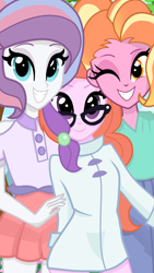 Size: 1080x1920 | Tagged: safe, artist:sallyso, luster dawn, potion nova, oc, oc:chemical sunshine, icey-verse, equestria girls, g4, clothes, coat, equestria girls-ified, eyeshadow, family, female, glasses, grin, jeans, lab coat, lesbian, lusternova, magical lesbian spawn, makeup, mother and child, mother and daughter, offspring, one eye closed, pants, parent:luster dawn, parent:potion nova, parents:lusternova, shipping, shirt, skirt, sleeveless, smiling, wink