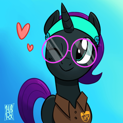 Size: 1000x1000 | Tagged: safe, artist:hbrx, oc, oc only, oc:nyx, alicorn, pony, cute, floating heart, glasses, heart, nyxabetes, one eye closed, pink glasses, round glasses, smiling, solo, united parcel service, ups, wink