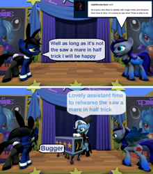 Size: 1024x1163 | Tagged: safe, artist:out-buck-pony, trixie, oc, oc:nightblood eclipse, oc:true blue, alicorn, pony, unicorn, g4, 3d, bunny suit, clothes, comic, cuffs (clothes), female, magician outfit, mare, rule 63, source filmmaker, stage