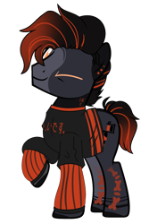 Size: 1377x2057 | Tagged: safe, artist:pegasski, artist:rukemon, oc, oc only, oc:darkened ink, earth pony, pony, g4, base used, clothes, commission, ear piercing, earring, jewelry, male, markings, one eye closed, piercing, raised hoof, shirt, simple background, solo, stallion, tattoo, transparent background, wink