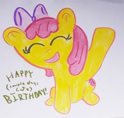 Size: 1280x1221 | Tagged: safe, artist:dex stewart, apple bloom, earth pony, pony, g4, female, happy birthday, michelle creber, simple background, solo, traditional art, waving