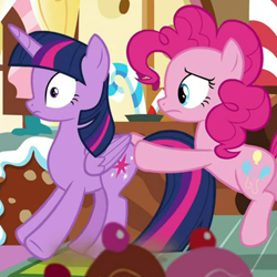 Size: 500x500 | Tagged: safe, screencap, pinkie pie, twilight sparkle, alicorn, earth pony, pony, cakes for the memories, g4, spoiler:cakes for the memories, butt touch, cropped, female, mare, out of context, pushing, twilight sparkle (alicorn)