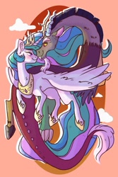 Size: 1024x1536 | Tagged: dead source, safe, artist:canisrettmajoris, discord, princess celestia, alicorn, draconequus, pony, g4, blushing, boop, female, looking at each other, male, mare, noseboop, ship:dislestia, shipping, straight