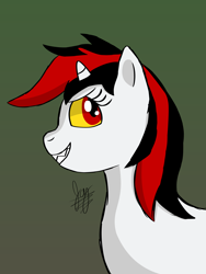 Size: 3150x4200 | Tagged: safe, artist:jay_wackal, oc, oc:blackjack, pony, unicorn, fallout equestria, fallout equestria: project horizons, fanfic art, grin, horn, small horn, smiling, teeth