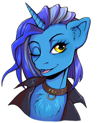 Size: 1812x2298 | Tagged: safe, artist:misterpolkovnik, oc, oc only, oc:sight unseen, pony, unicorn, :3, blue coat, chest fluff, collar, female, horn, mare, one eye closed, simple background, smiling, smirk, solo, straight mane, transparent background, two toned mane, unicorn oc, wink, winking at you