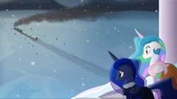 Size: 1920x1080 | Tagged: safe, artist:yudhaikeledai, princess celestia, princess luna, alicorn, pony, frostpony, g4, alicorn princess, cape, clothes, coat, dark, duo, duo female, female, floppy ears, friendship express, frostpunk, i can't believe it's not hasbro studios, ice, mare, ponified, post-apocalyptic, princess, sad, sadness, siblings, smoke, snow, snowfall, snowflake, standing, train, watching, winter clothes, winter coat, worried, youtube link