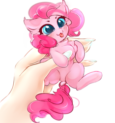 Size: 671x718 | Tagged: dead source, safe, artist:haokan, pinkie pie, earth pony, human, pony, g4, :3, :p, blushing, cute, diapinkes, dock, ear fluff, female, hand, holding a pony, in goliath's palm, micro, offscreen character, offscreen human, solo, tongue out