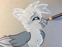 Size: 2048x1572 | Tagged: safe, artist:emberslament, oc, oc only, oc:ember burd, griffon, beak, blushing, boop, colored pencil drawing, colored pencils, cute, eared griffon, eyes closed, griffon oc, male, open beak, open mouth, photo, quadrupedal, solo, traditional art