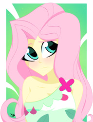 Size: 2352x3084 | Tagged: safe, artist:xan-gelx, fluttershy, equestria girls, g4, spring breakdown, adorasexy, blushing, breasts, busty fluttershy, cleavage, clothes, cute, eyelashes, female, high res, off shoulder, sexy, shyabetes, solo, wavy mouth