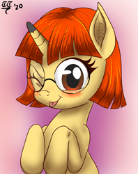 Size: 1650x2088 | Tagged: safe, artist:tomtornados, oc, oc only, oc:sam art s, pony, unicorn, :p, blushing, bust, cute, female, glasses, happy, looking at you, mare, ocbetes, one eye closed, portrait, raised hoof, samabetes, solo, tongue out, wink