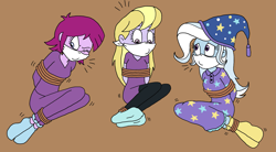 Size: 2659x1472 | Tagged: safe, artist:bugssonicx, fuchsia blush, lavender lace, trixie, equestria girls, g4, bondage, bound and gagged, cloth gag, clothes, female, femsub, gag, hat, help us, nightcap, nightgown, one eye closed, over the nose gag, pajamas, rope, rope bondage, sleepover, slumber party, squirming, submissive, the weak and powerless trixie, tied up, trixie and the illusions, trixie's nightcap, trixsub