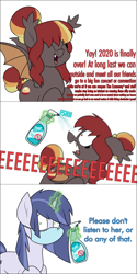Size: 1525x3039 | Tagged: safe, artist:moonatik, oc, oc only, oc:porona, oc:social distance, bat pony, pony, unicorn, 2020, 2021, bad advice, bad influence, bat pony oc, bat wings, coronavirus, cute, duo, duo female, ears back, eeee, eyes closed, face mask, fangs, female, frown, hair bun, horn, levitation, looking at you, magic, mare, mask, op has a point, op is right, open mouth, public service announcement, reality sucks, sad truth, scared, shrunken pupils, simple background, smiling, spray bottle, spread wings, telekinesis, truth, unicorn oc, vulgar description, white background, wide eyes, wings