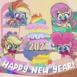 Size: 1080x1080 | Tagged: safe, applejack, fluttershy, pinkie pie, rainbow dash, earth pony, pegasus, pony, g4.5, my little pony: pony life, official, cake, food, happy new year, happy new year 2021, holiday, instagram, open mouth, silly, silly pony, tongue out, who's a silly pony