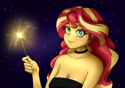 Size: 1700x1200 | Tagged: safe, artist:albertbm, sunset shimmer, equestria girls, g4, bare shoulders, breast blush, breasts, choker, cleavage, cute, female, happy new year, holiday, new year, night, shimmerbetes, solo