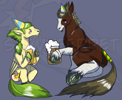 Size: 3379x2777 | Tagged: safe, artist:slimyferret, oc, oc:platinum forge, oc:sour scotch, clydesdale, earth pony, pegasus, pony, 2021, beard, beer stein, celebrating, cider, drink, duo, facial hair, frog (hoof), gelding, happy new year, hat, high res, holiday, hoof hold, horseshoes, new year, party hat, simple background, sitting, underhoof, unshorn fetlocks