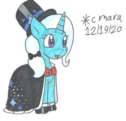 Size: 898x861 | Tagged: safe, artist:cmara, trixie, pony, unicorn, g4, bowtie, cape, clothes, dignified wear, dress, female, gala dress, hat, hoof shoes, mare, open mouth, simple background, solo, top hat, traditional art, white background