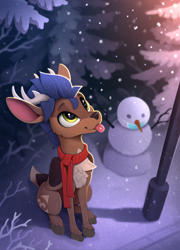 Size: 1520x2115 | Tagged: safe, artist:yakovlev-vad, oc, oc only, oc:arny, deer, deer pony, peryton, barely pony related, catching snowflakes, chest fluff, clothes, cloven hooves, face mask, implied coronavirus, lamppost, male, mask, pale belly, scarf, slender, snow, snowfall, snowman, solo, surgical mask, thin, thin legs, tongue out