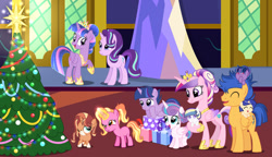 Size: 1024x589 | Tagged: safe, artist:siriussentry, flash sentry, luster dawn, princess cadance, princess flurry heart, starlight glimmer, twilight sparkle, oc, oc:laura heart, oc:shadow andromeda, oc:sirius sentry, oc:starling comet, oc:starship sparkle, alicorn, pegasus, pony, unicorn, g4, baby, baby pony, base used, christmas, christmas lights, christmas tree, family, female, happy new year, happy new year 2020, holiday, luster dawn is starlight's and sunburst's daughter, male, offspring, parent:flash sentry, parent:princess cadance, parent:shining armor, parent:starlight glimmer, parent:sunburst, parent:twilight sparkle, parents:flashlight, parents:shiningcadance, parents:starburst, present, ship:flashlight, shipping, straight, tree, twilight sparkle (alicorn), twilight's castle