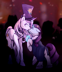 Size: 1026x1186 | Tagged: safe, artist:overlord pony, fleur-de-lis, rarity, pony, unicorn, g4, cape, cloak, clothes, couple, eyes closed, female, hat, kiss on the lips, kissing, lesbian, magic, magic aura, mare, new years eve, rearing, scarf, ship:fleurity, shipping, surprised