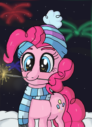 Size: 1120x1544 | Tagged: safe, artist:ewrrfb, pinkie pie, earth pony, pony, g4, beanie, clothes, cloud, cloudy, cute, diapinkes, fireworks, hat, mouth hold, new year, new years eve, night, scarf, snow, snowfall, solo, sparkler (firework), winter, winter outfit