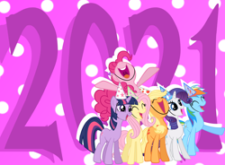 Size: 3976x2927 | Tagged: safe, edit, applejack, fluttershy, pinkie pie, rainbow dash, rarity, twilight sparkle, earth pony, pegasus, pony, unicorn, g4, 2021, eyes closed, happy, hat, high res, mane six, new year, new years eve, nose in the air, open mouth, party, party hat, simple background, smiling, transparent background, unicorn twilight, uvula, volumetric mouth