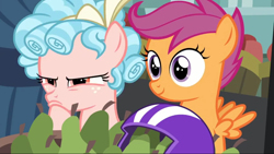 Size: 1280x720 | Tagged: safe, screencap, cozy glow, scootaloo, g4, marks for effort, food, helmet, pear, varying degrees of want