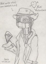 Size: 1648x2304 | Tagged: safe, artist:donnik, anthro, fallout, fallout 4, nick valentine, pencil drawing, solo, synth, traditional art