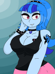 Size: 1932x2576 | Tagged: safe, artist:c_w, sonata dusk, equestria girls, g4, breasts, busty sonata dusk, cleavage, eyelashes, eyeshadow, goth, gothic sonata, hand on face, jewelry, looking at you, makeup, pendant, smiling, smiling at you, tattoo, wristband